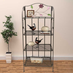 Four Tier Metal Foldable Bakers Rack With Flower Motifs, Black By Benzara