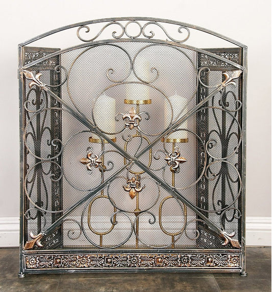 Benzara 3- Panel Metal Fire Screen With Traditional Design, Bronze  By Benzara | Room Divider |  Modishstore 
