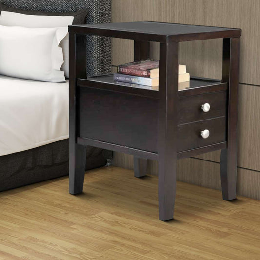 Wooden End Table With Upper Shelf And 2 Drawers, Dark Brown By Benzara | Side Tables |  Modishstore 