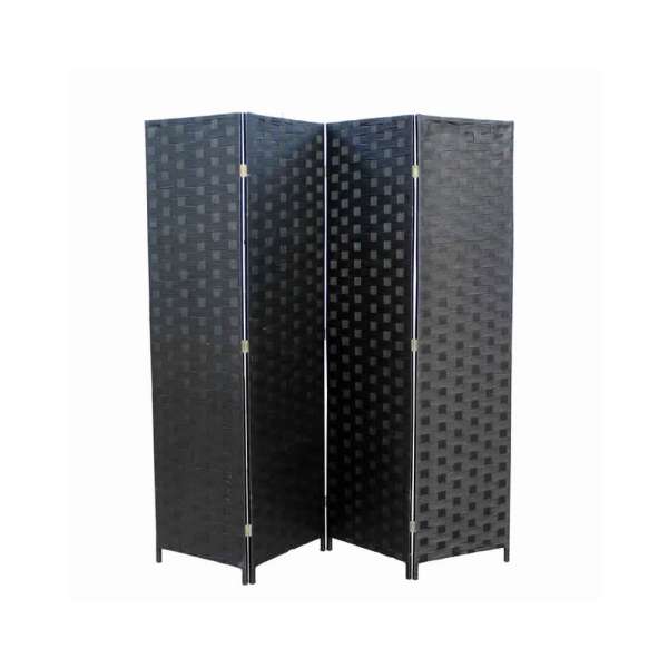 Paper Straw Weave 4 Panel Screen With 2 Inch Wooden Legs, Black By Benzara | Room Divider |  Modishstore 