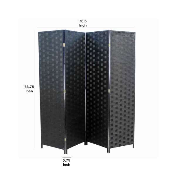 Paper Straw Weave 4 Panel Screen With 2 Inch Wooden Legs, Black By Benzara | Room Divider |  Modishstore  - 5