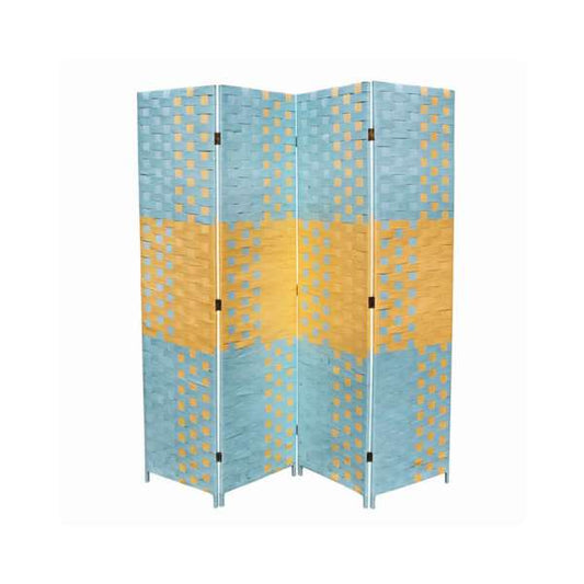 Paper Straw 4 Panel Screen With 2 Inch Wooden Legs, Blue And Yellow By Benzara | Room Divider |  Modishstore 
