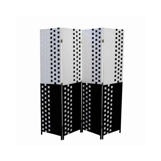 Paper Straw 4 Panel Screen With 2 Inch Wooden Legs, White And Black By Benzara | Room Divider |  Modishstore 