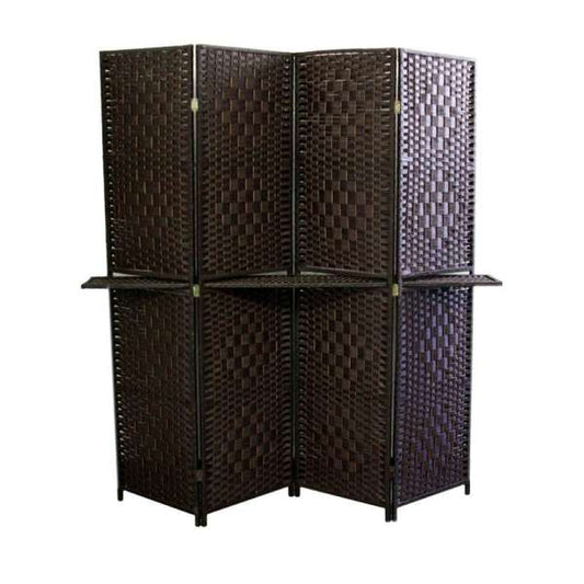 Wood And Paper Straw Textured 4 Panel Screen With Shelf, Brown By Benzara | Room Divider |  Modishstore 
