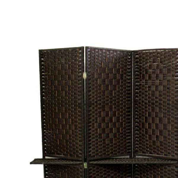 Wood And Paper Straw Textured 4 Panel Screen With Shelf, Brown By Benzara | Room Divider |  Modishstore  - 3
