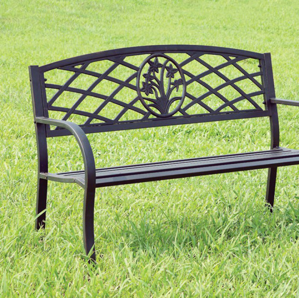 Minot Slated Seat Patio Bench, Black  By Benzara | Outdoor Stools & Benches |  Modishstore 