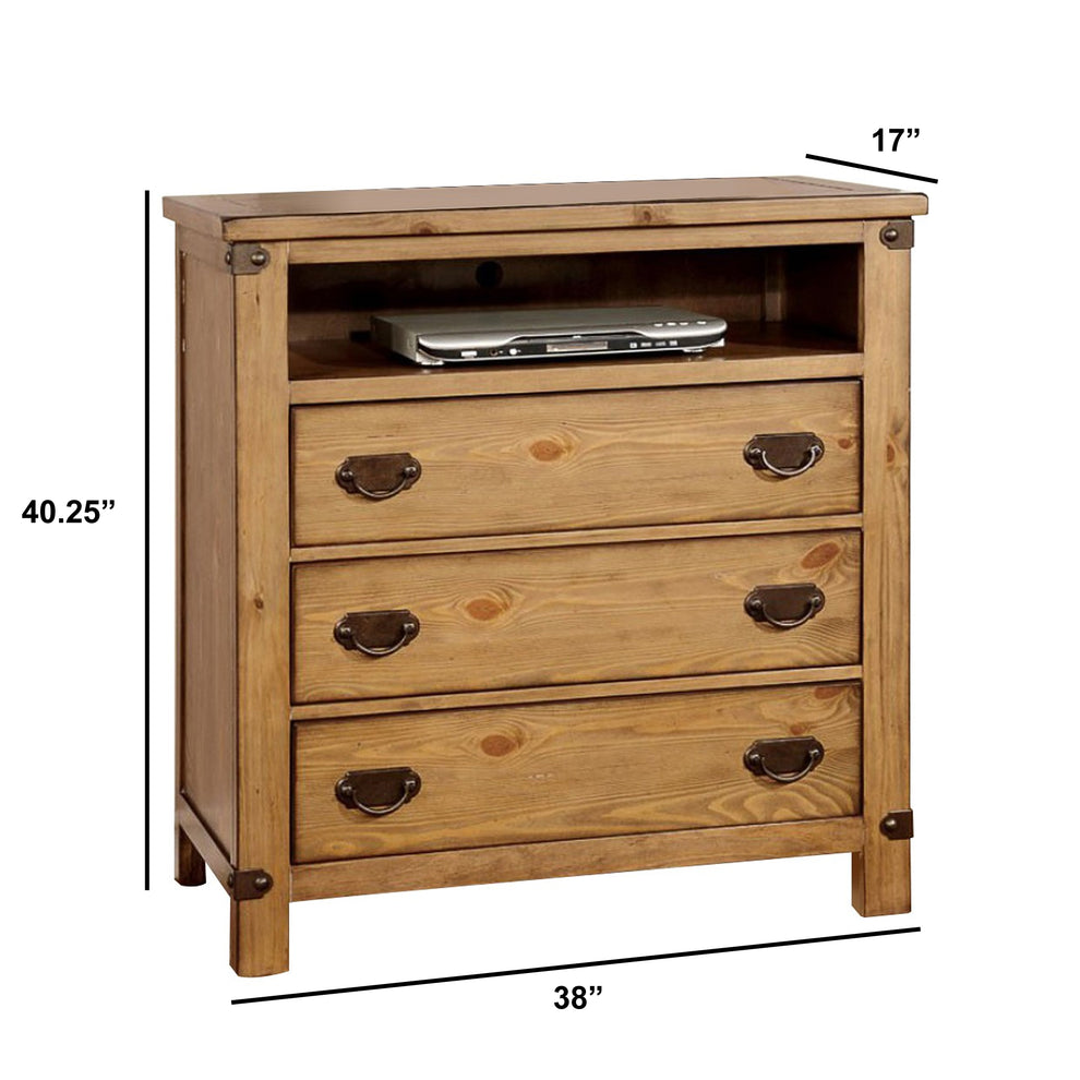 Cottage Style Wooden Media Chest With Three Drawers, Brown By Benzara | Drawers |  Modishstore  - 4