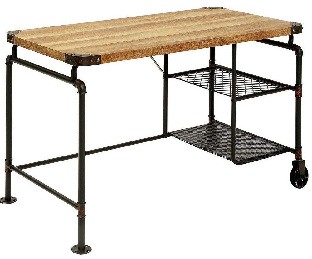 Industrial Metal Writing Desk With Wooden Top, Brown And Black By Benzara | Desks |  Modishstore  - 3