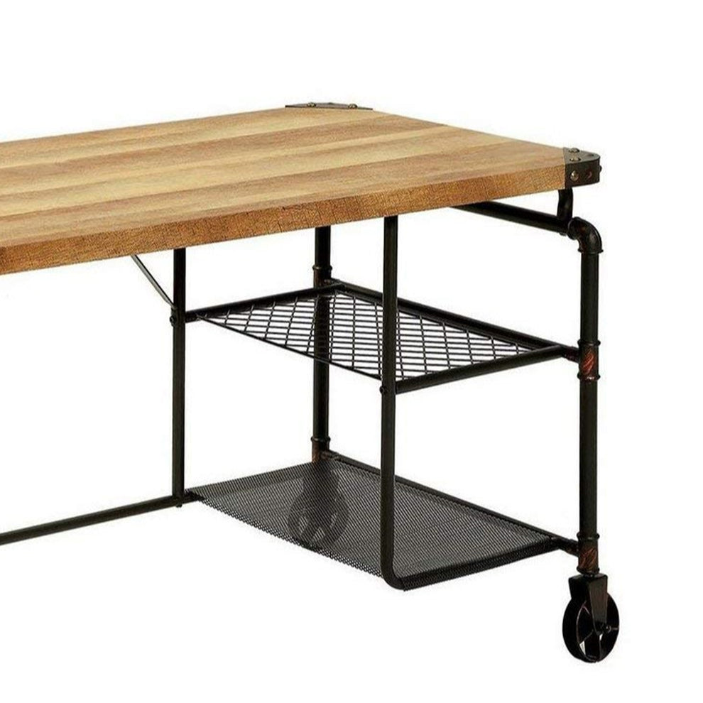 Industrial Metal Writing Desk With Wooden Top, Brown And Black By Benzara | Desks |  Modishstore  - 4