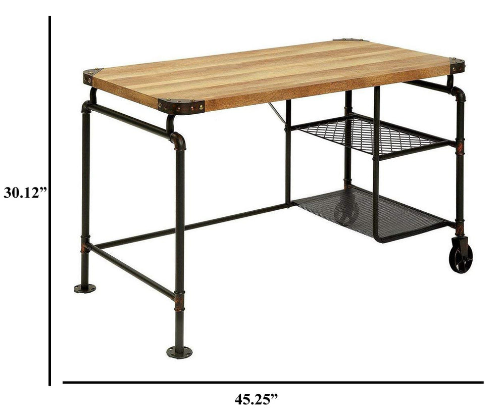 Industrial Metal Writing Desk With Wooden Top, Brown And Black By Benzara | Desks |  Modishstore  - 2