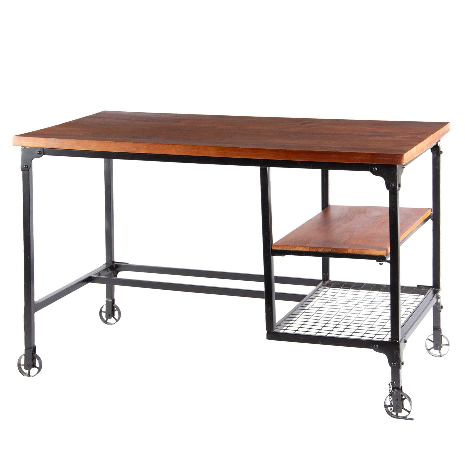 Industrial Style Wooden Desk With Two Bottom Shelves, Brown And Black  By Benzara | Desks |  Modishstore 