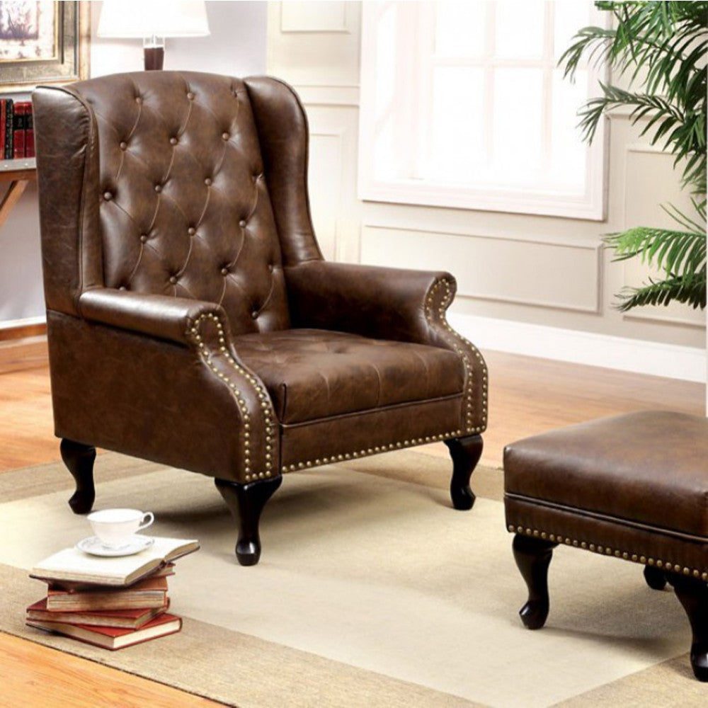 Vaugh Traditional Wing Accent Chair In Nail Head, Rustic Brown Finish By Benzara | Lounge Chairs |  Modishstore 