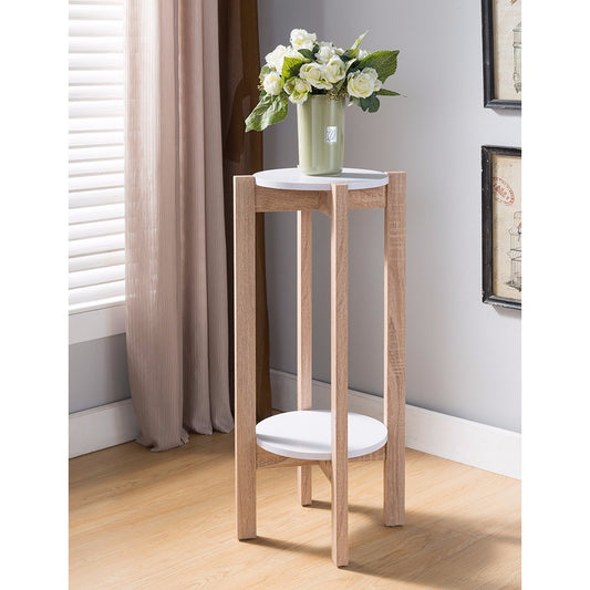 Natural Wood Plant Stand With Two Round Shelves, Light Brown And White By Benzara | Side Tables |  Modishstore 
