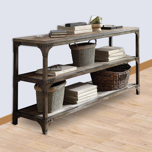 Gorden Console Table With 2  Shelves, Weathered Oak & Antique Silver  By Benzara | Console Tables |  Modishstore 