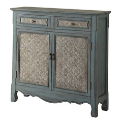 2 Door Cabinet Wooden Console Table With Scalloped Apron, Distressed Blue  By Benzara