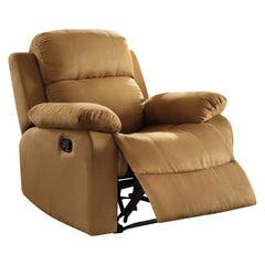 Microfiber Metal Glider Recliner Chair With Pillow Top Armrest, Light Brown  By Benzara