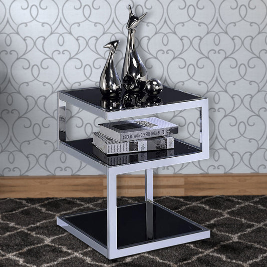 Alyea End Table, Black Glass & Chrome By Benzara | Side Tables | Modishstore
