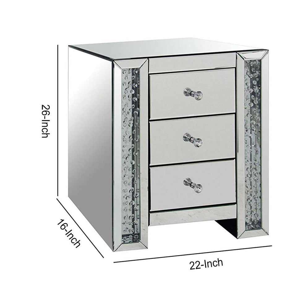 3 Drawer Mirrored Nightstand With Faux Crystals Inlay, Silver  By Benzara | Nightstands |  Modishstore  - 5