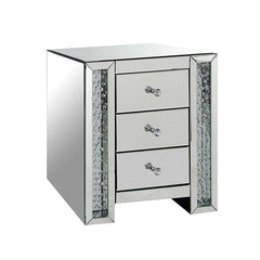 3 Drawer Mirrored Nightstand With Faux Crystals Inlay, Silver  By Benzara