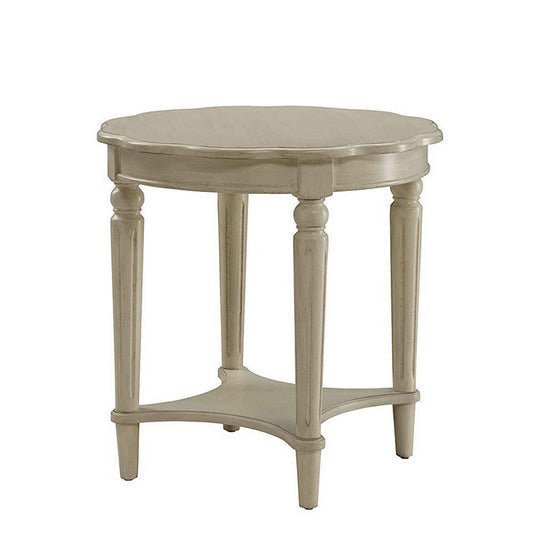 Wooden End Table With Scalloped Round Top And Turned Legs, Antique White By Benzara | Side Tables | Modishstore