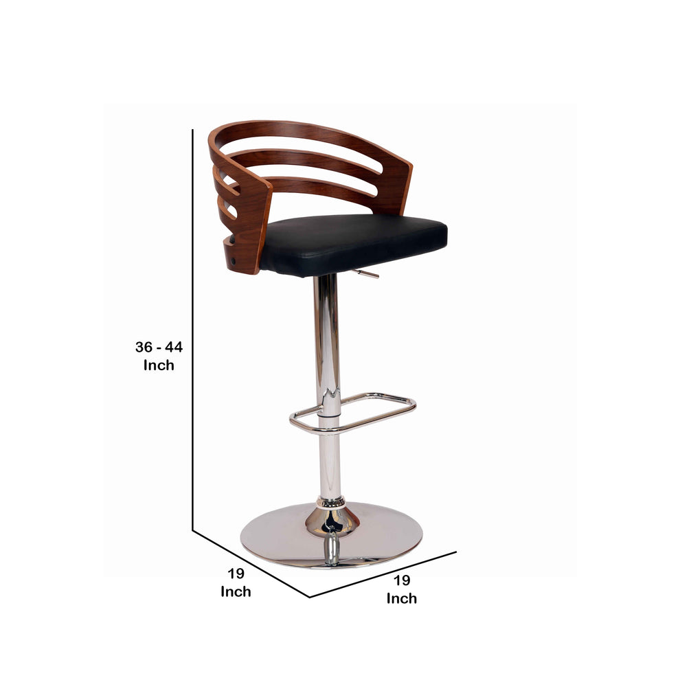 Open Wooden Back Faux Leather Barstool With Pedestal Base Black And Brown By Benzara | Bar Stools | Modishstore - 3