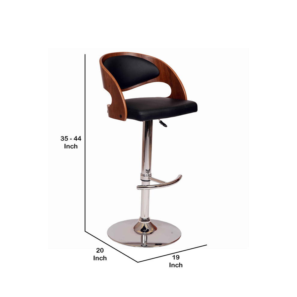 Wooden Open Back Barstool With Adjustable Pedestal Base Black And Brown By Benzara | Bar Stools | Modishstore - 2