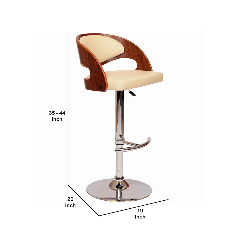 Wooden Open Back Barstool With Adjustable Pedestal Base Cream And Brown By Benzara | Bar Stools | Modishstore - 2