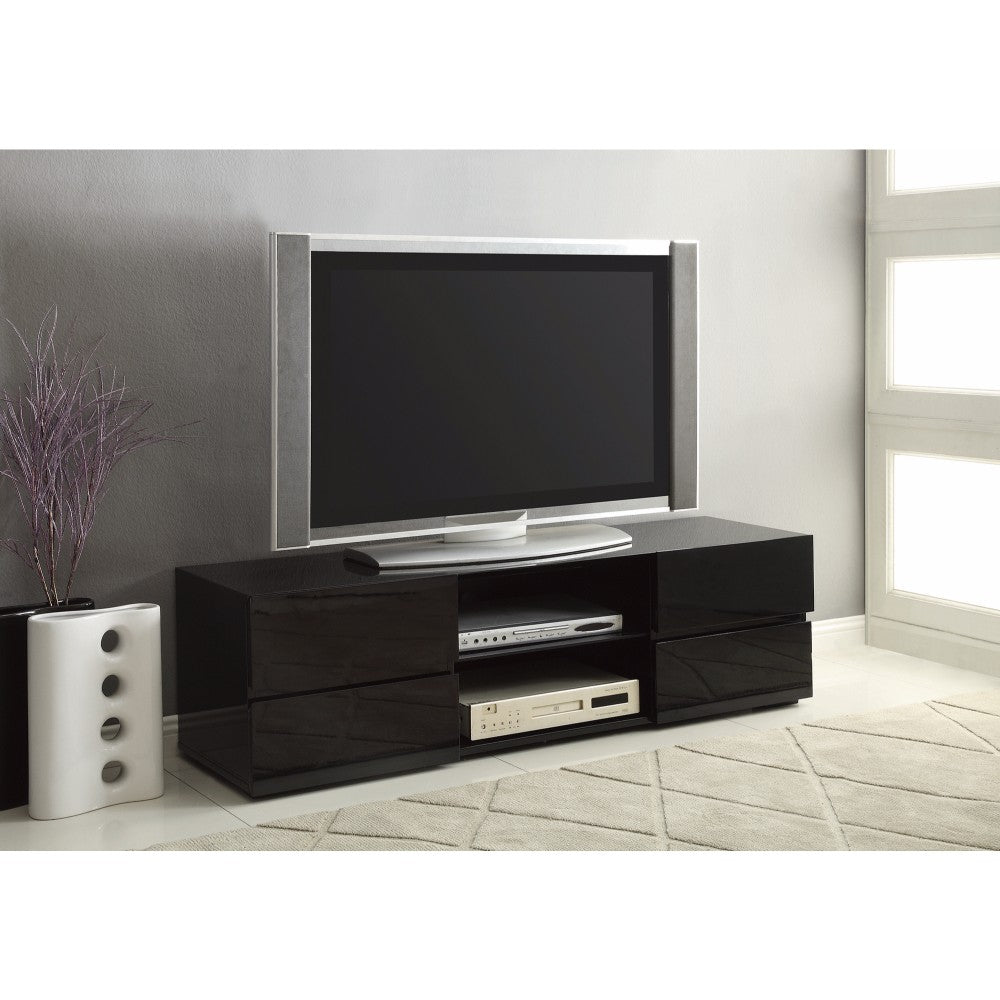 Elegant High Gloss Tv Stand With  Glass Shelf, Black By Benzara | TV Stands |  Modishstore 