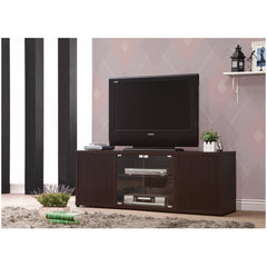 Elegant Tv Console With Push-To-Open Glass Doors, Brown By Benzara