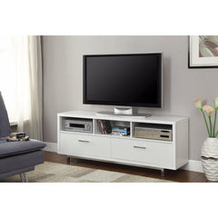 Stunning White Tv Console With Chrome Legs By Benzara