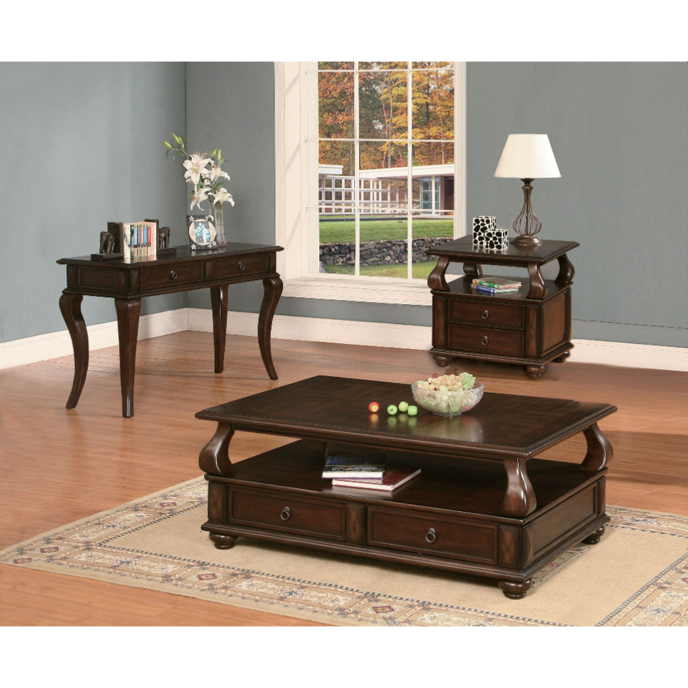 2 Drawer Wooden Coffee Table With Bun Feet And Ring Pulls, Brown By Benzara | Coffee Tables | Modishstore