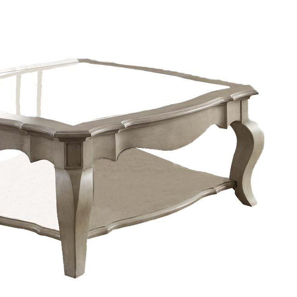 18 Inch Glass Top Wooden Coffee Table, Antique Taupe  By Benzara | Coffee Tables |  Modishstore  - 5