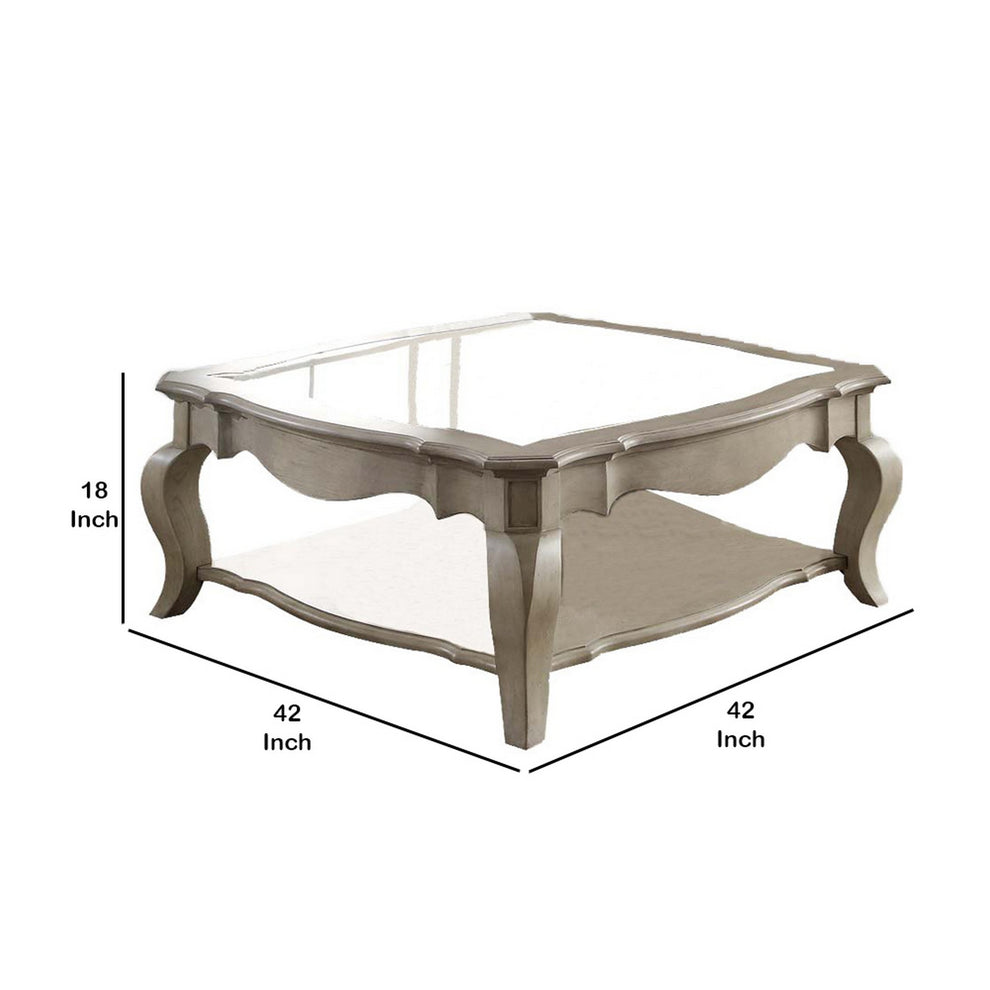 18 Inch Glass Top Wooden Coffee Table, Antique Taupe  By Benzara | Coffee Tables |  Modishstore  - 6
