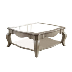 18 Inch Glass Top Wooden Coffee Table, Antique Taupe  By Benzara