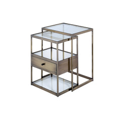 Metal And Glass 2 Piece Nesting Table Set, Brown And Clear  By Benzara