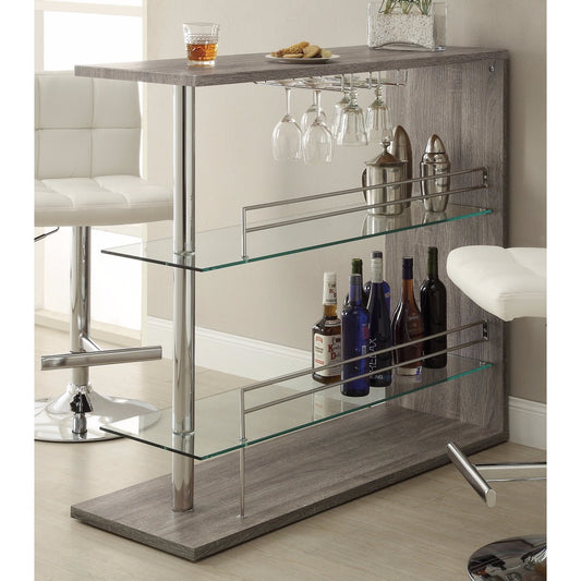 Radiant Rectangular Bar Table With 2 Shelves And Wine Holder, Gray  By Benzara | Bar Tables |  Modishstore 