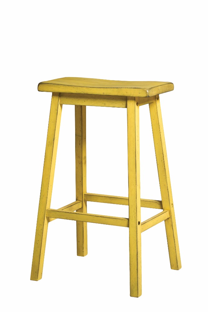 Wooden Barstool With Saddle Design Seat, Set Of 2, Distressed Yellow  By Benzara | Bar Stools |  Modishstore 