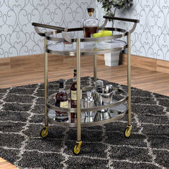 Oval Shaped Metal Serving Cart With 2 Shelves, Silver  By Benzara