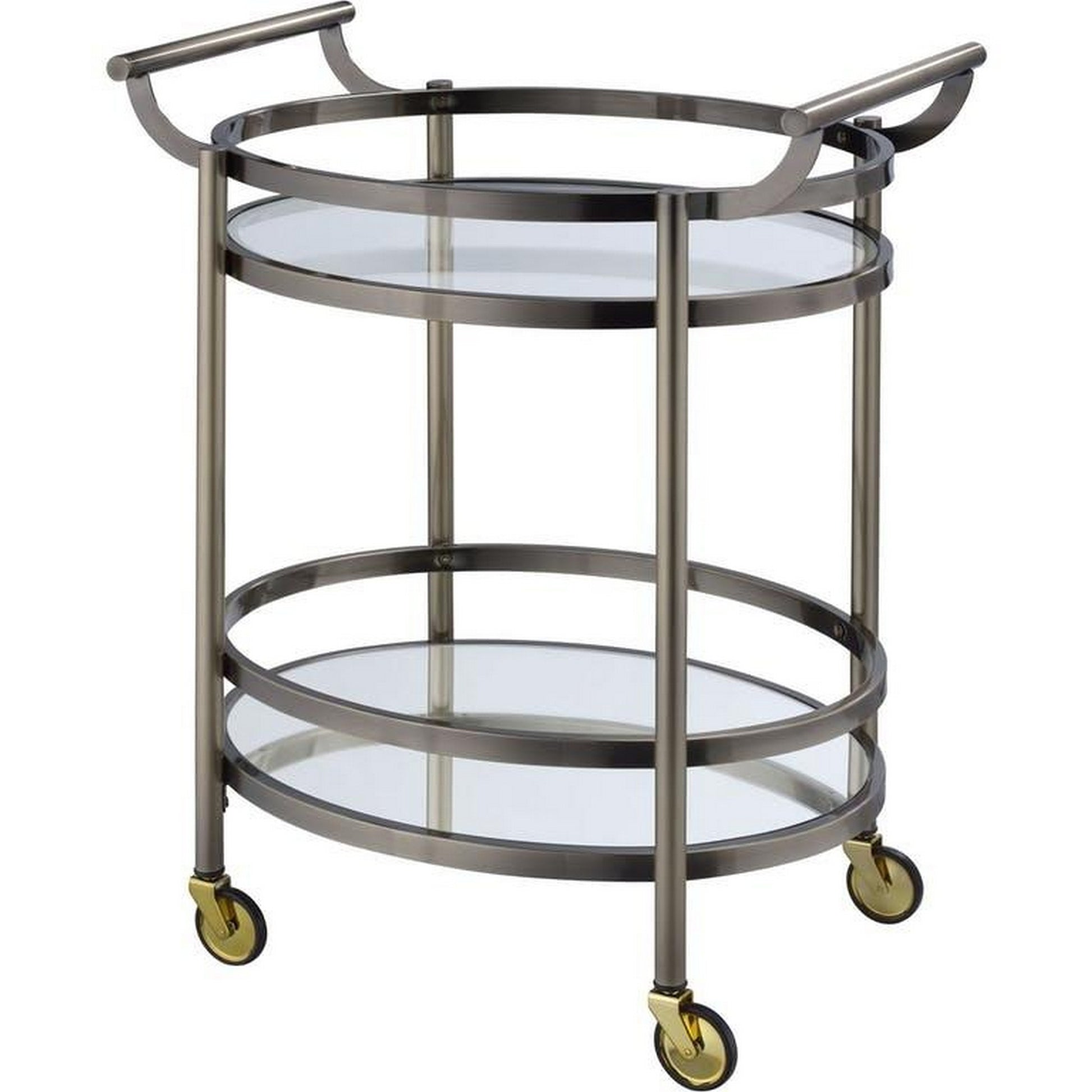 26.75 Inch Oval Shaped Metal Serving Cart With 2 Shelves, Brass By Benzara | TV Tray Tables |  Modishstore 