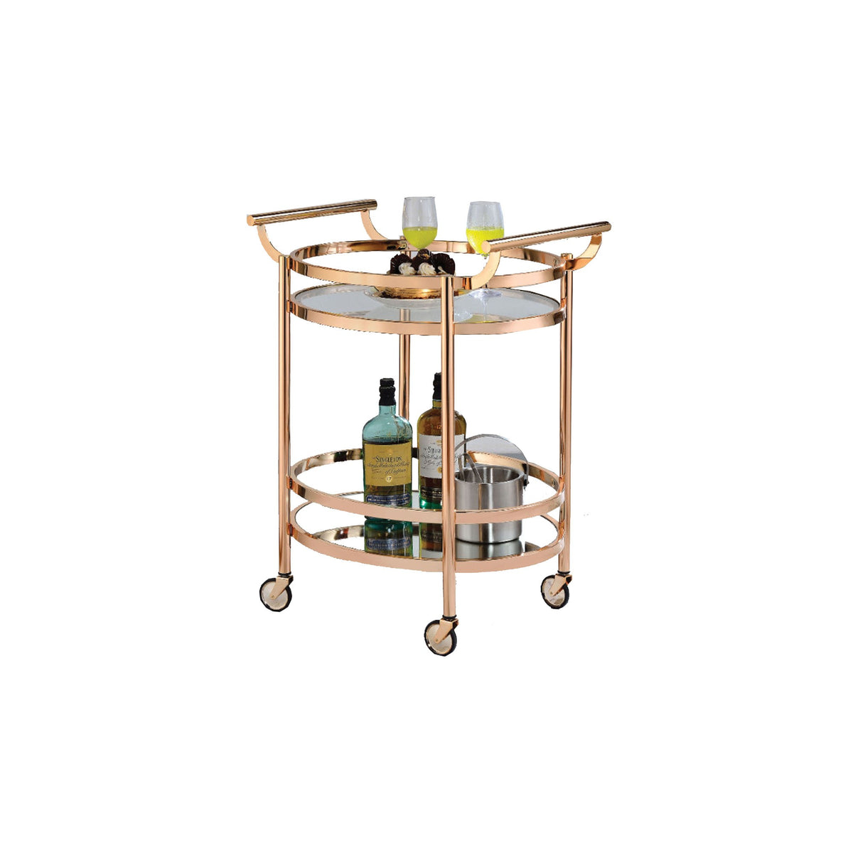 27 Inch Oval Shaped Metal Serving Cart With 2 Shelves, Gold  By Benzara | Bar Carts |  Modishstore 