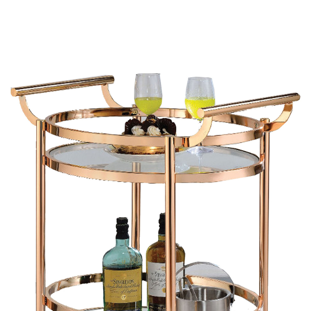 27 Inch Oval Shaped Metal Serving Cart With 2 Shelves, Gold  By Benzara | Bar Carts |  Modishstore  - 3