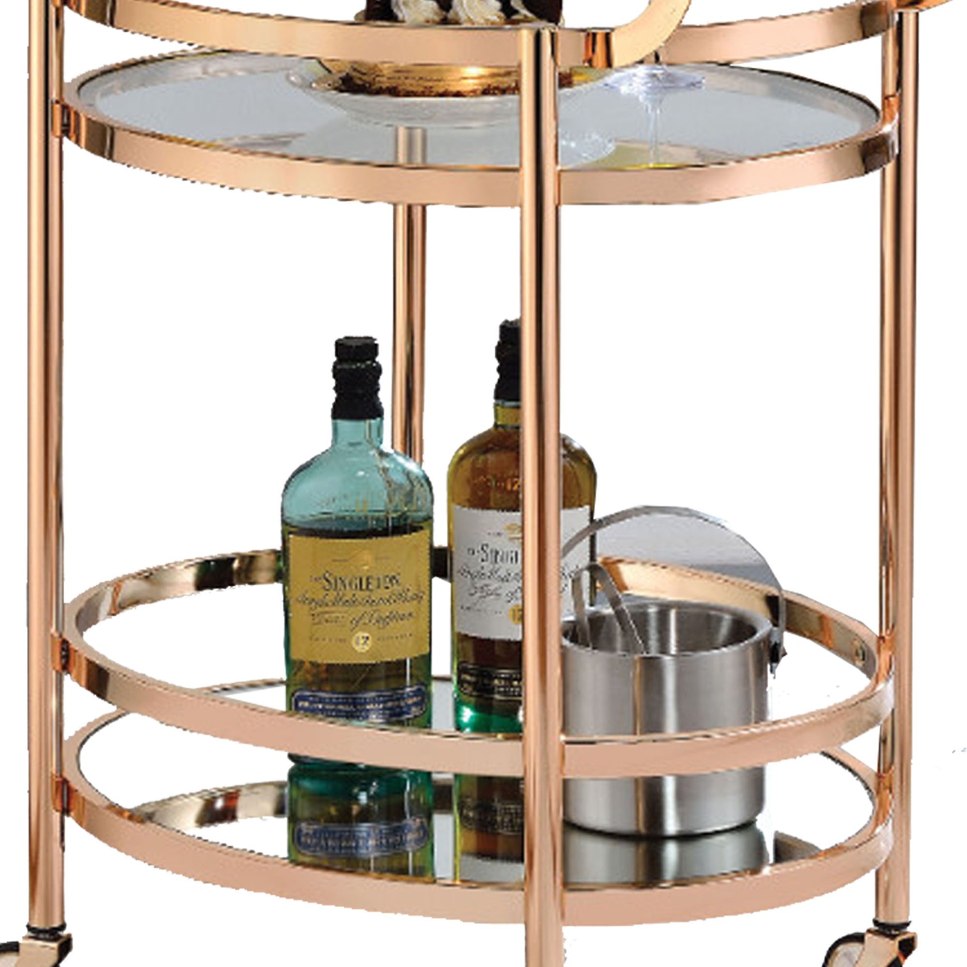 27 Inch Oval Shaped Metal Serving Cart With 2 Shelves, Gold  By Benzara | Bar Carts |  Modishstore  - 4