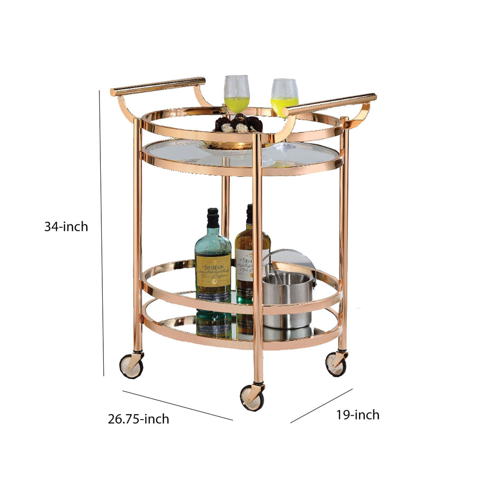 27 Inch Oval Shaped Metal Serving Cart With 2 Shelves, Gold  By Benzara | Bar Carts |  Modishstore  - 5