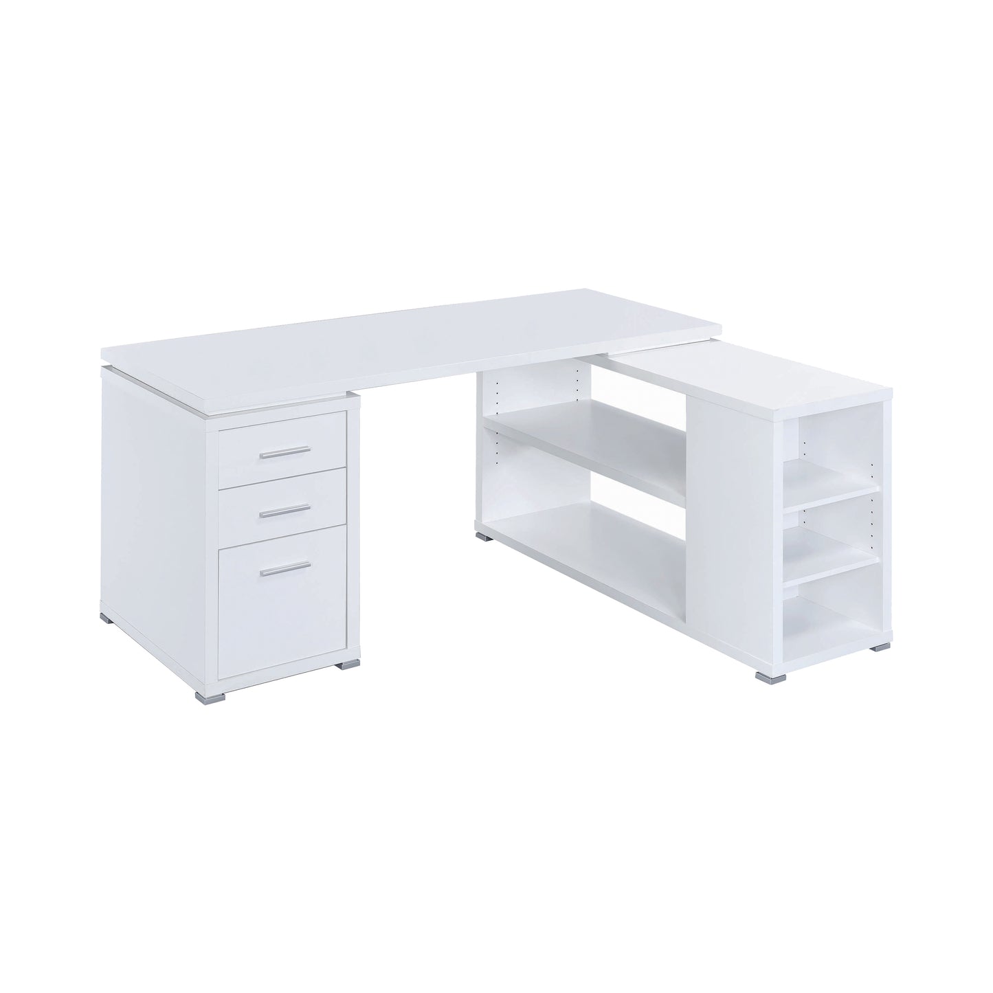 Contemporary L Shaped Office Desk With 3 Drawers And Shelves, White By Benzara | Desks |  Modishstore  - 2
