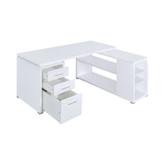 Contemporary L Shaped Office Desk With 3 Drawers And Shelves, White By Benzara