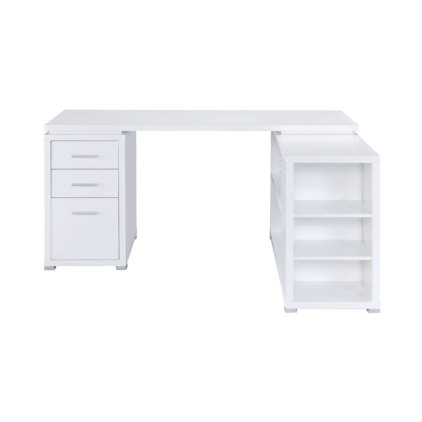 Contemporary L Shaped Office Desk With 3 Drawers And Shelves, White By Benzara | Desks |  Modishstore  - 3