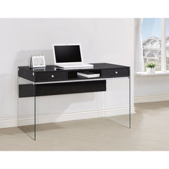 Elegant Metal Writing Desk With Glass Sides, Clear And Black  By Benzara