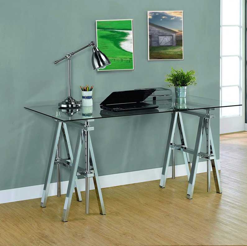 Adjustable Writing Desk With Sawhorse Legs, Clear And Silver  By Benzara | Desks |  Modishstore  - 2