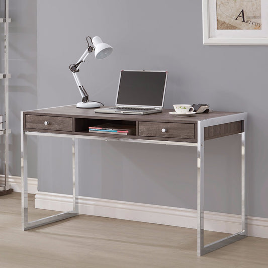 Wooden Writing Desk With Electroplated Chrome Frame, Gray By Benzara | Desks |  Modishstore 