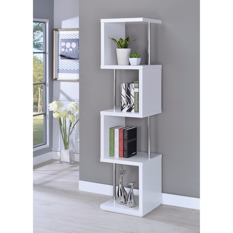 Modern Four Tier Wood And Metal Bookcase, White By Benzara | Bookcases | Modishstore